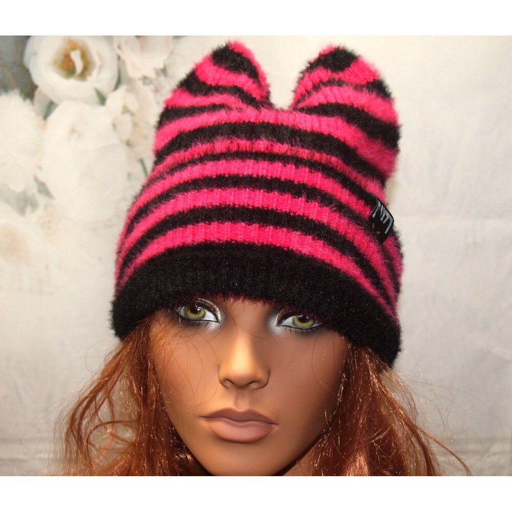 Cat Ear Beanie Hat Cute Cat Knitted Hat Winter Knit Black & Rose Cuff NEW